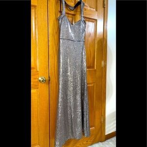 Formal Dress Size 10 XSCAPE Allover Sequined Crisscross Halter Metallic Gold NEW